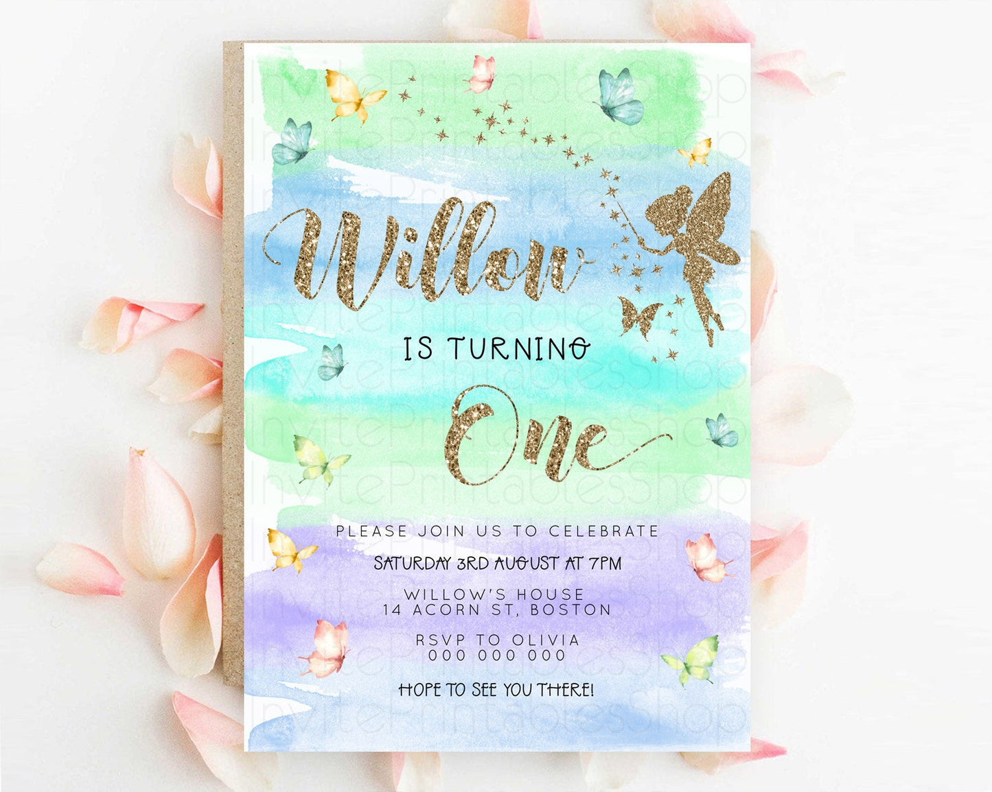 Pastel Fairy Birthday Invitation Pastel Butterflies Fairy Birthday Invitation Rainbow Ombre Watercolor 1st 2nd Birthday Invitation D23321