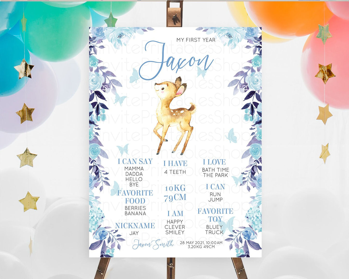 Fawn First Birthday Milestone Board Deer First Birthday Milestone Poster Enchanted Forest Butterfly Pastel Flowers 1st Birthday Sign D10917