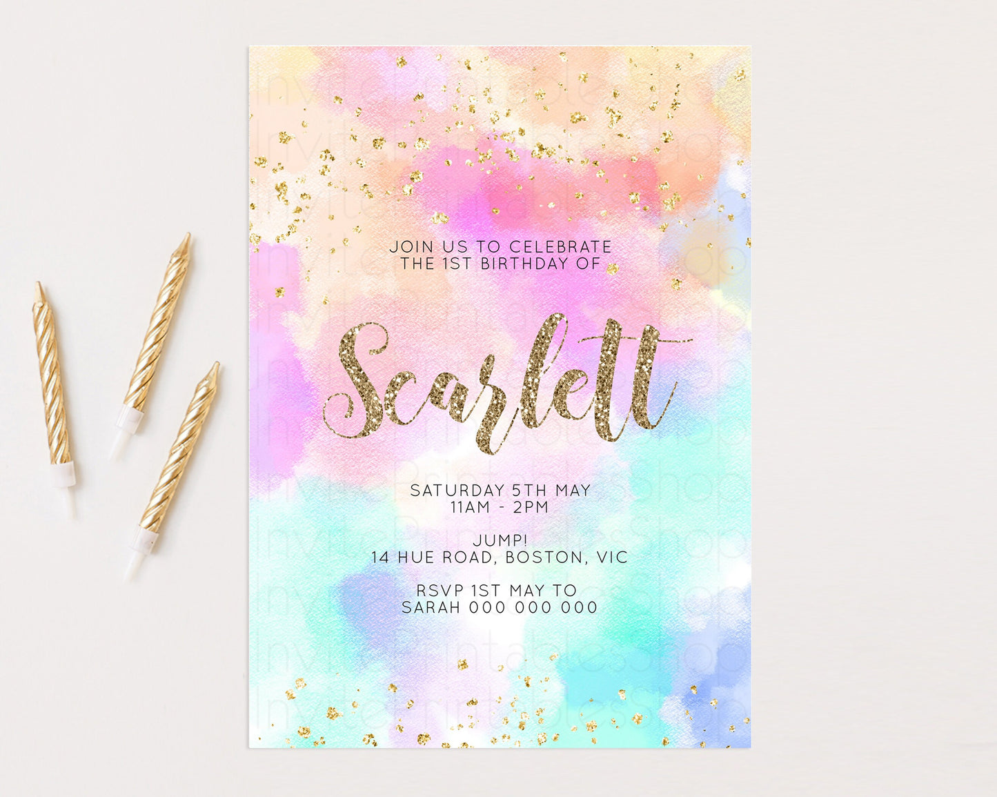 Rainbow Birthday Invitation Pastel Birthday Invite Ombre Watercolor Invite Enchanted Theme Colorful Splash Glitter Sprinkles 1st 2nd 3rd