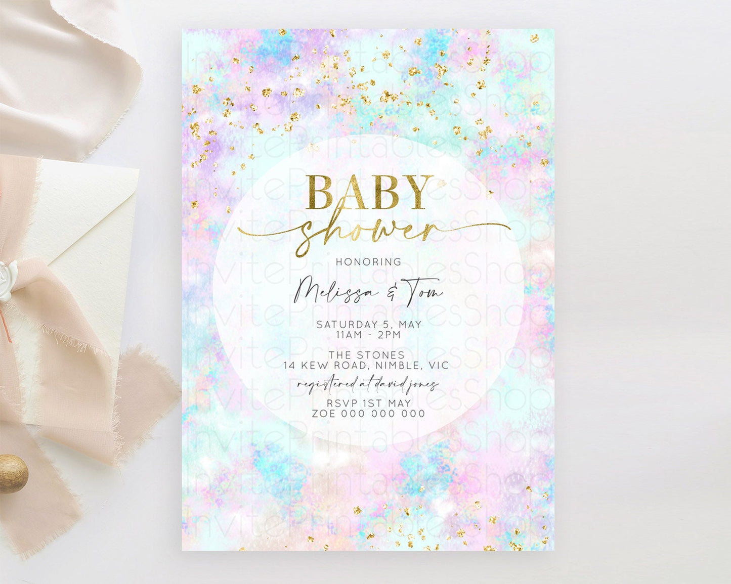 Pastel Baby Shower Invitation Rainbow Baby Shower Invitation Colorful Pastel Watercolor Invitation Gold Glitter Sprinkles Ombre D10652