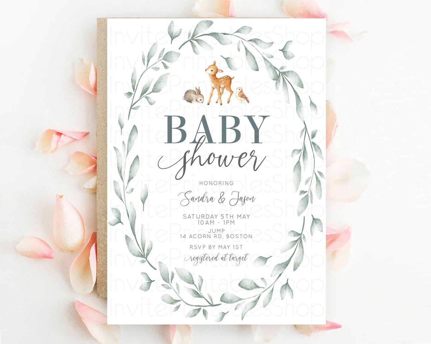 Fawn Baby Shower Invitation Deer Baby Shower Invites Enchanted Forest Theme Butterfly Pastel Flowers Whimsical Baby Shower D10872