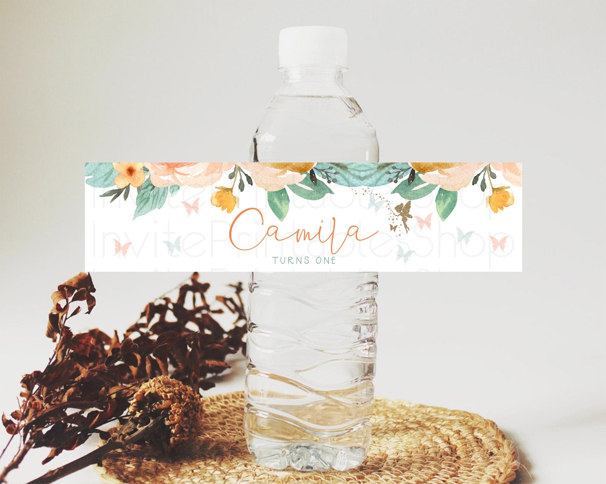 Editable Fairy Water Label Enchanted Garden Pastel Floral Butterfly Party De