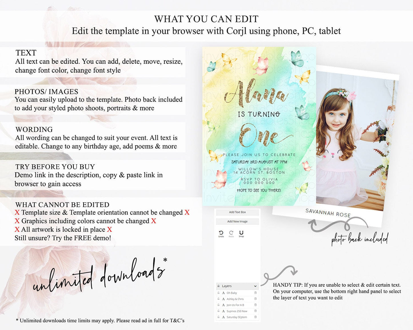 Pastel Butterfly Birthday Invitation Butterfly Birthday Invitation Colorful Splash Glitter Butterfly Garden 1st 2nd Birthday D23242