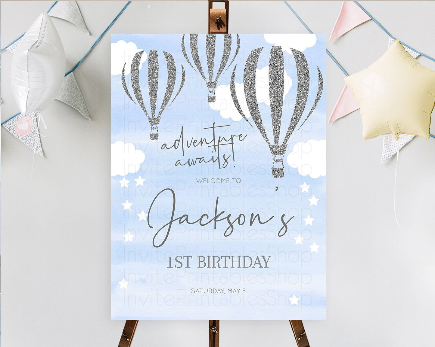 Hot Air Balloon First Birthday Welcome Board Hot Air Balloon Welcome Board Adventure Awaits Watercolor First Birthday Welcome Sign D10334