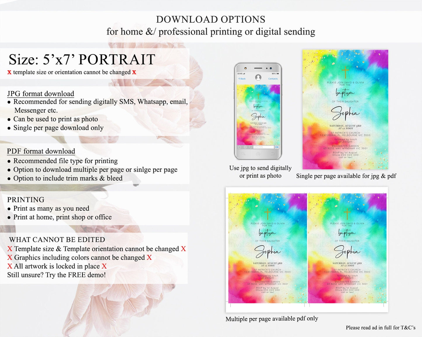 Tie Dye Baptism Invitation Rainbow Baptism 1st Birthday Invitation Pastel Ombre Colorful Christening Invitation Holy Communion D10462