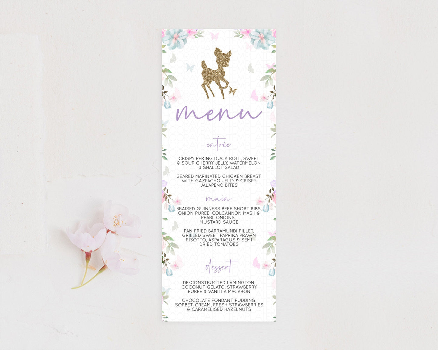 Fawn Menu Deer Menu Template Pastel Floral Deer Table Decor Enchanted Forest Butterfly Floral Dinner Dessert Menu Party Food Menu D10476