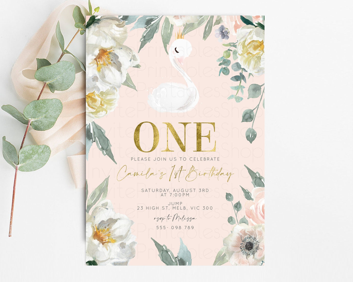 Swan Birthday Invitation White Floral Birthday Invitation Swan Princess Invite Ballet Swan Princess Invite Enchanted Garden Invite s102