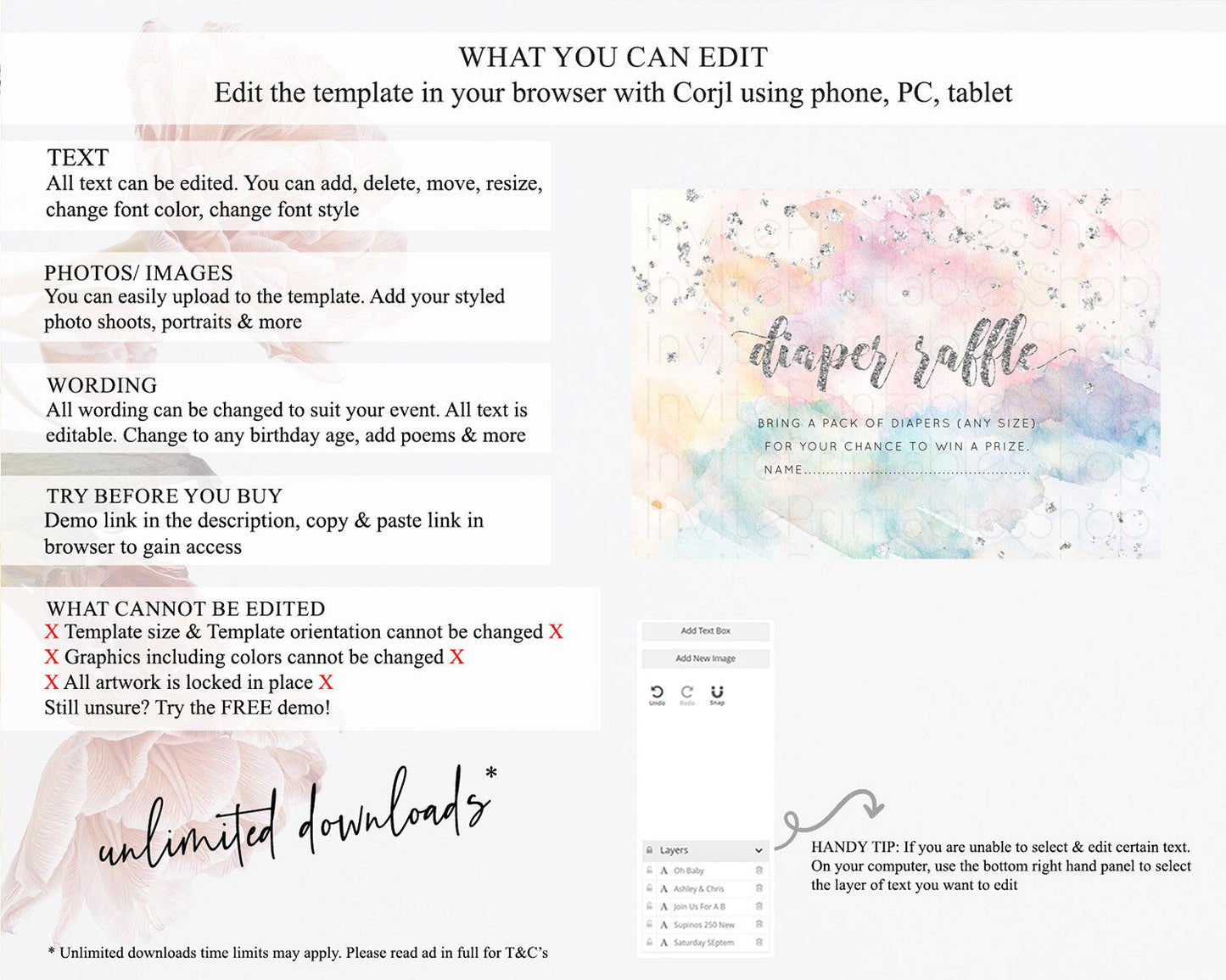Pastel Rainbow Diaper Raffle Card Pastel Diaper Raffle Insert Pastel Colorful Diaper Ticket Confetti Watercolor Silver Raffle Game D10944