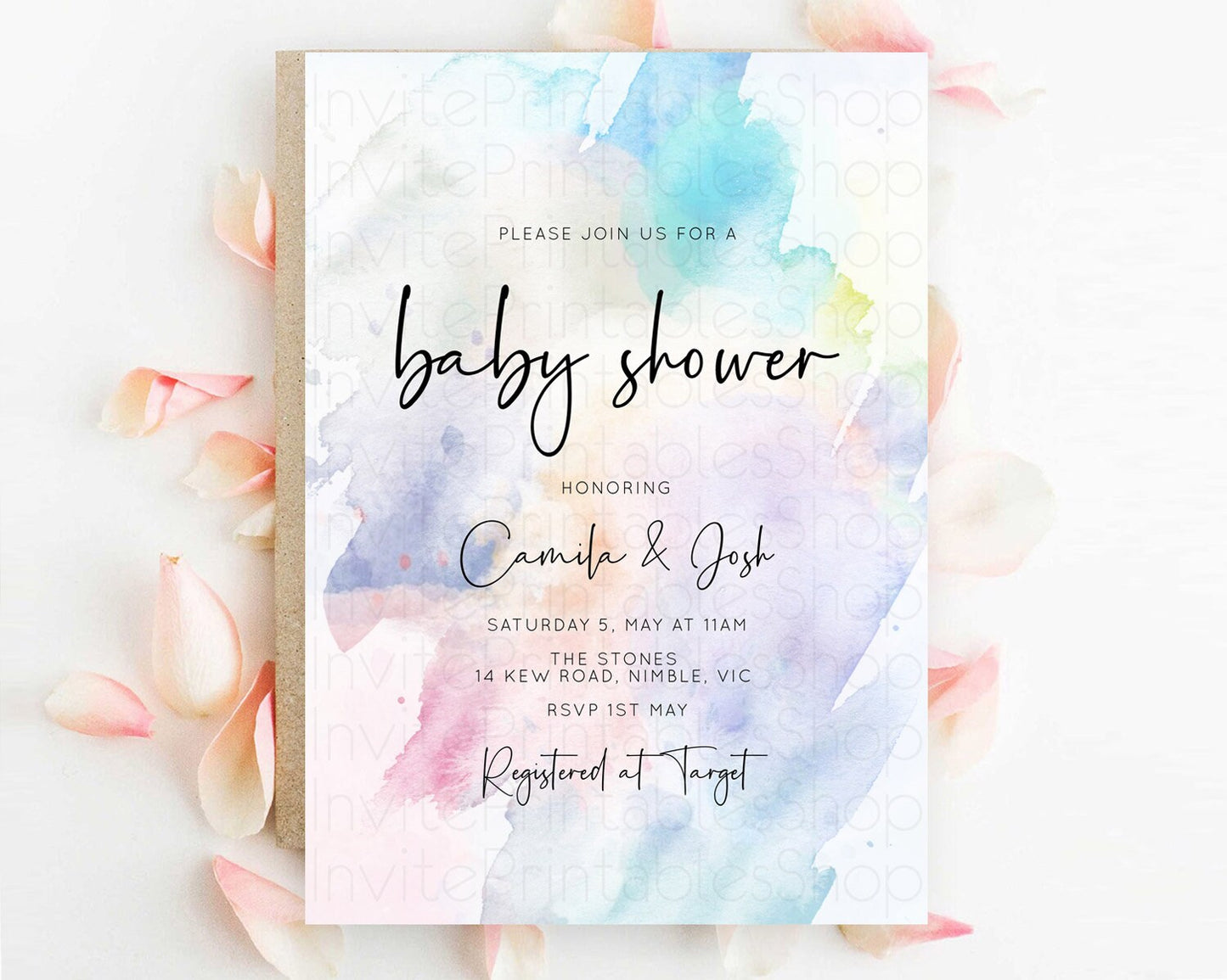 Pastel Baby Shower Invitation Rainbow Baby Shower Invitation Colorful Pastel Watercolor Invitation Gold Glitter Sprinkles Ombre D10585