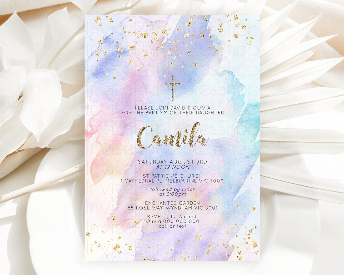 Pastel Baptism Invitation Pastel Colors Watercolor Baptism 1st Birthday Party Gold Ombre Pastel Rainbow Christening Holy Communion D10583