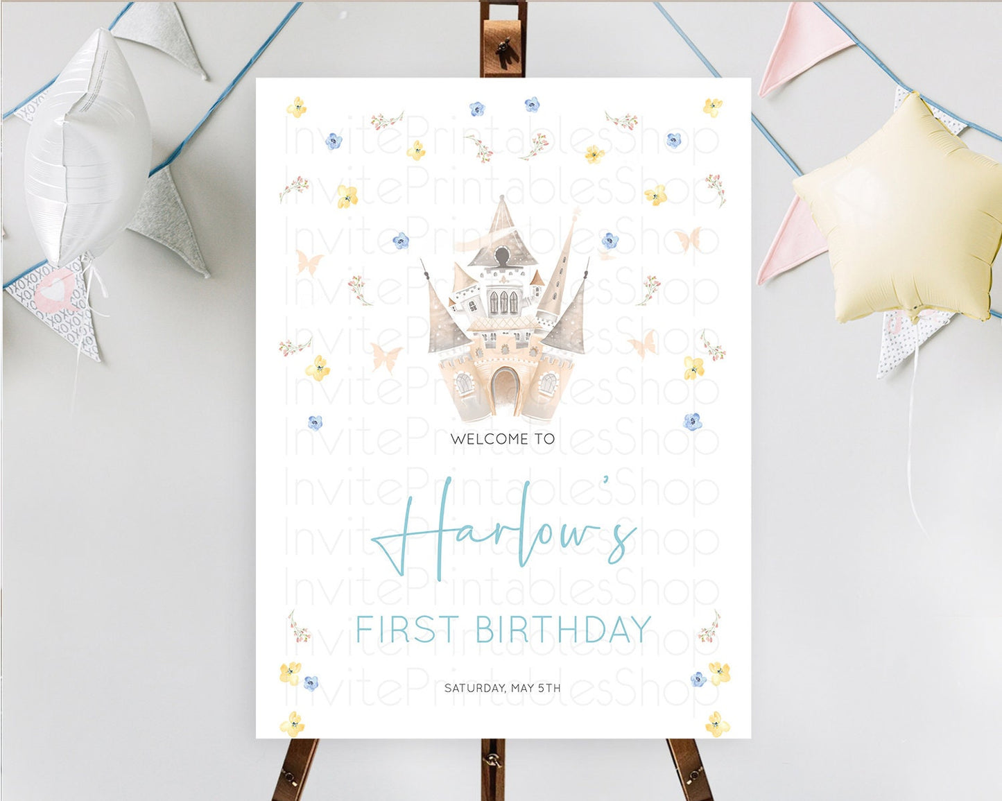 Princess Birthday Welcome Sign Castle Welcome Board Secret Garden Enchanted Castle Pastel Floral Garden First Birthday Welcome Sign D10365