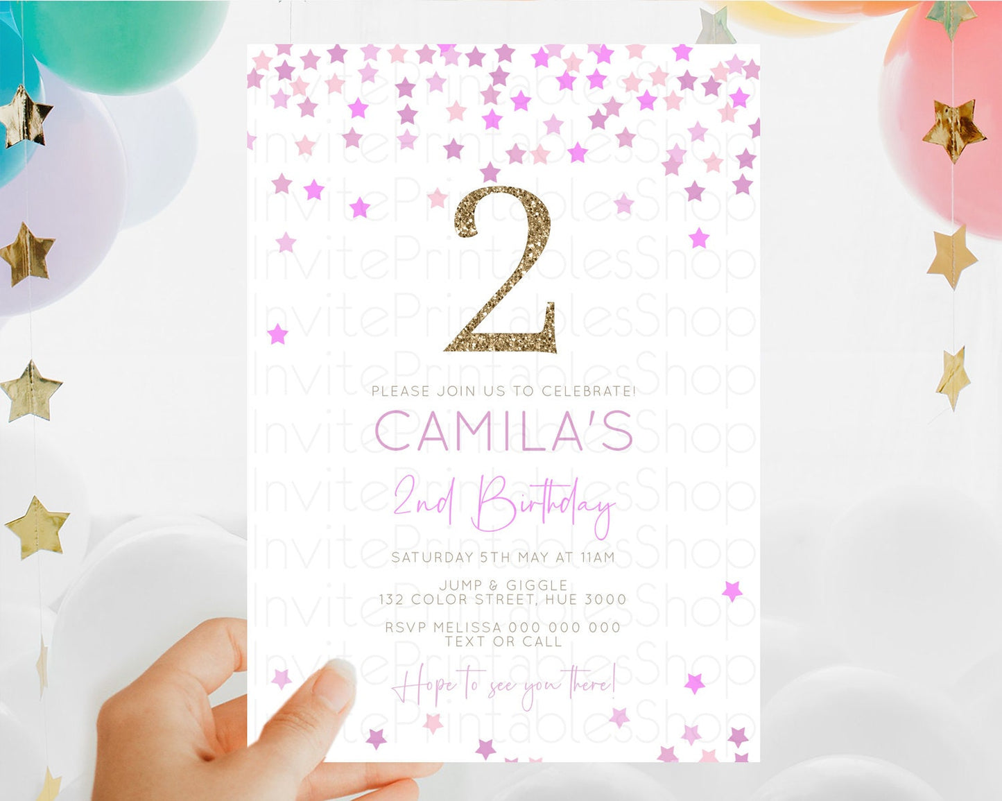 Star Birthday Invitation Pastel Stars Invite Shooting Star Party Rainbow Colorful Confetti Twinkle Little Star 2nd First Birthday D10403