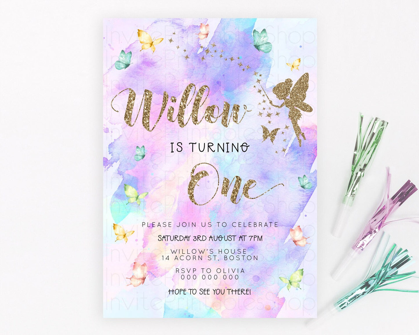 Pastel Fairy Birthday Invitation Pastel Butterflies Fairy Birthday Invitation Rainbow Ombre Watercolor 1st 2nd Birthday Invitation D23346