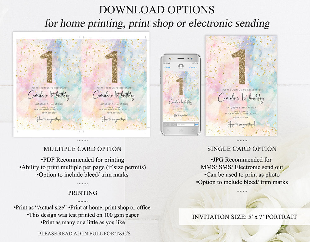 Rainbow Birthday Invitation Colorful Watercolor Gold Glitter Sprinkles Ombre Pastel Invitation 1st 2nd 3rd Printable Editable Invite 276