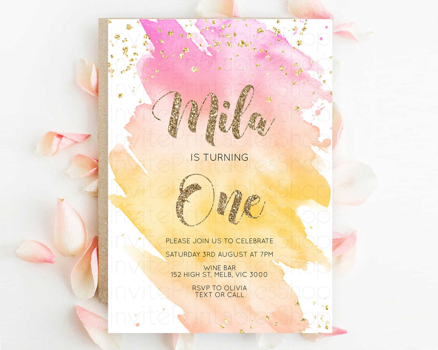 Rainbow Birthday Invitation Colorful Pastel Watercolor Invitation Gold Glitter Sprinkles Ombre Pastel 1st 2nd 3rd Birthday D10526