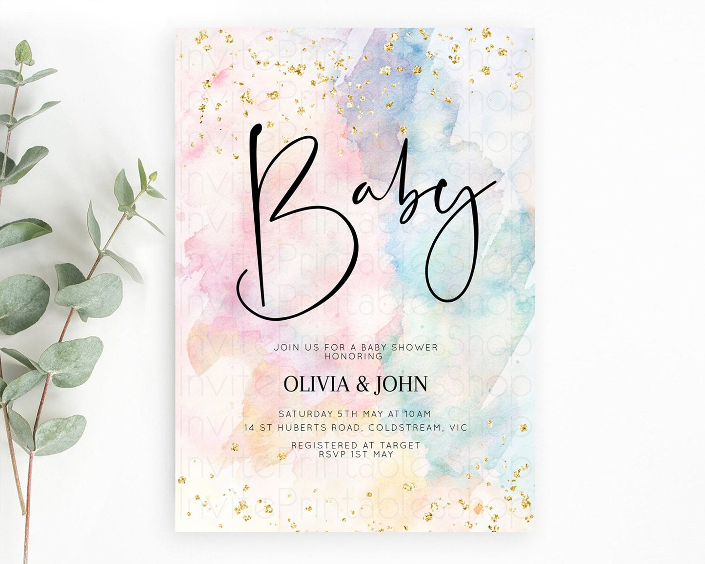 Pastel Rainbow Baby Shower Invitation, Colorful Watercolor, Gold Glitter Sprinkles, Pastel Ombre Splash in Pink, Blue, and Yellow D10263