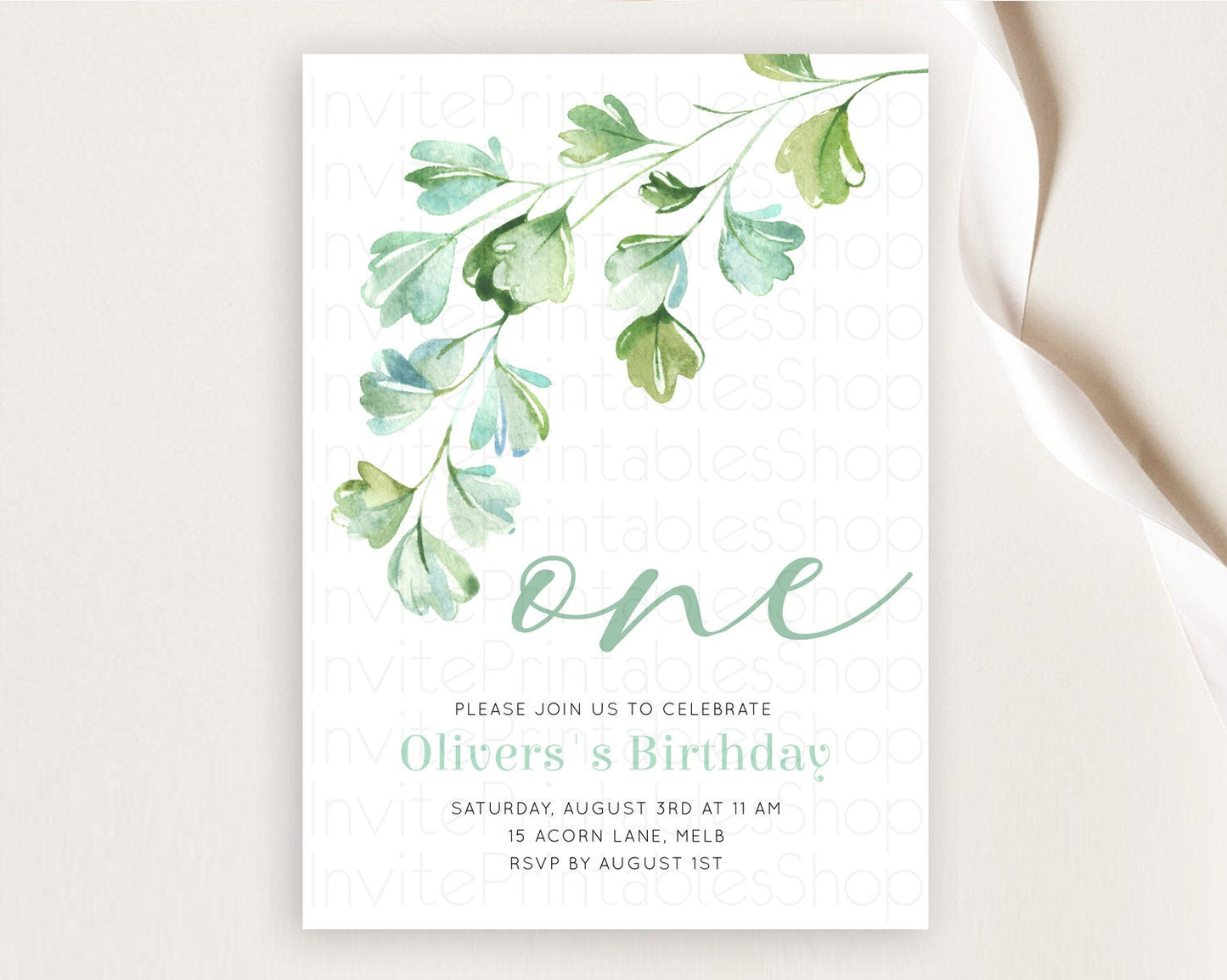 Leafy Birthday Invitation Leafy Invitation Simple Greenery Invitation Eucalyptus Fern Spray Leaves Minimal Green Leaf Watercolour D11057