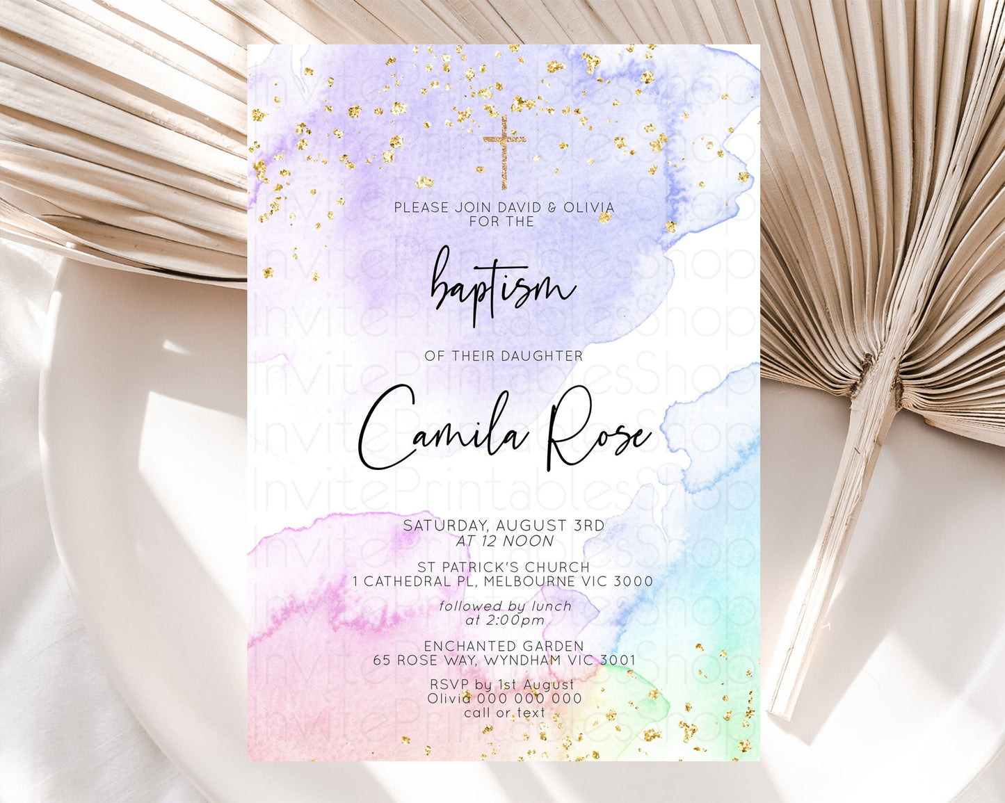 Pastel Baptism Invitation Pastel Colors Watercolor Baptism 1st Birthday Party Gold Ombre Pastel Rainbow Christening Holy Communion D10215