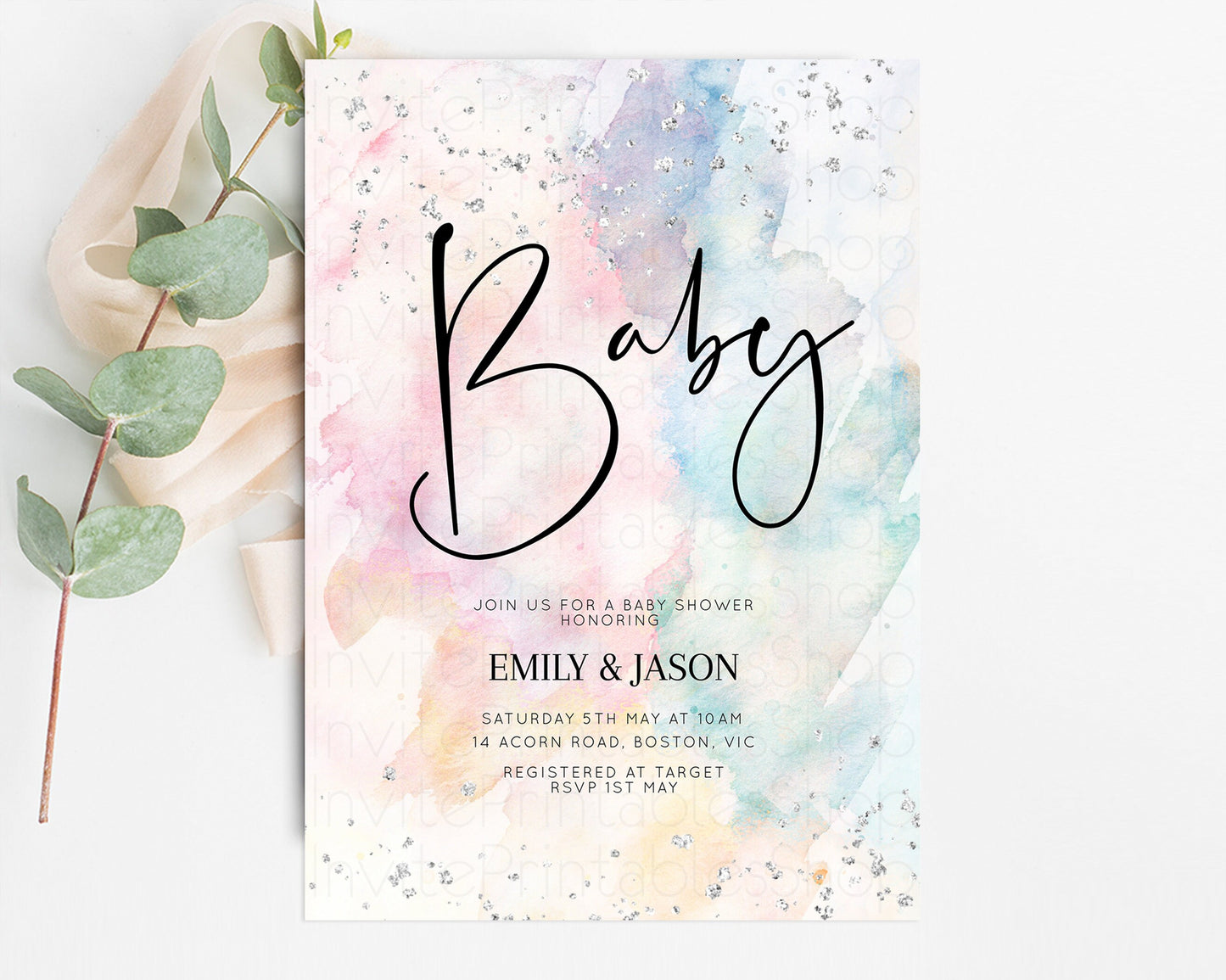 Rainbow Baby Shower Invitation Pastel Watercolor Invite Ombre Splash Invite Silver Glitter Confetti Sprinkles Colorful Gender Neutral s276v4