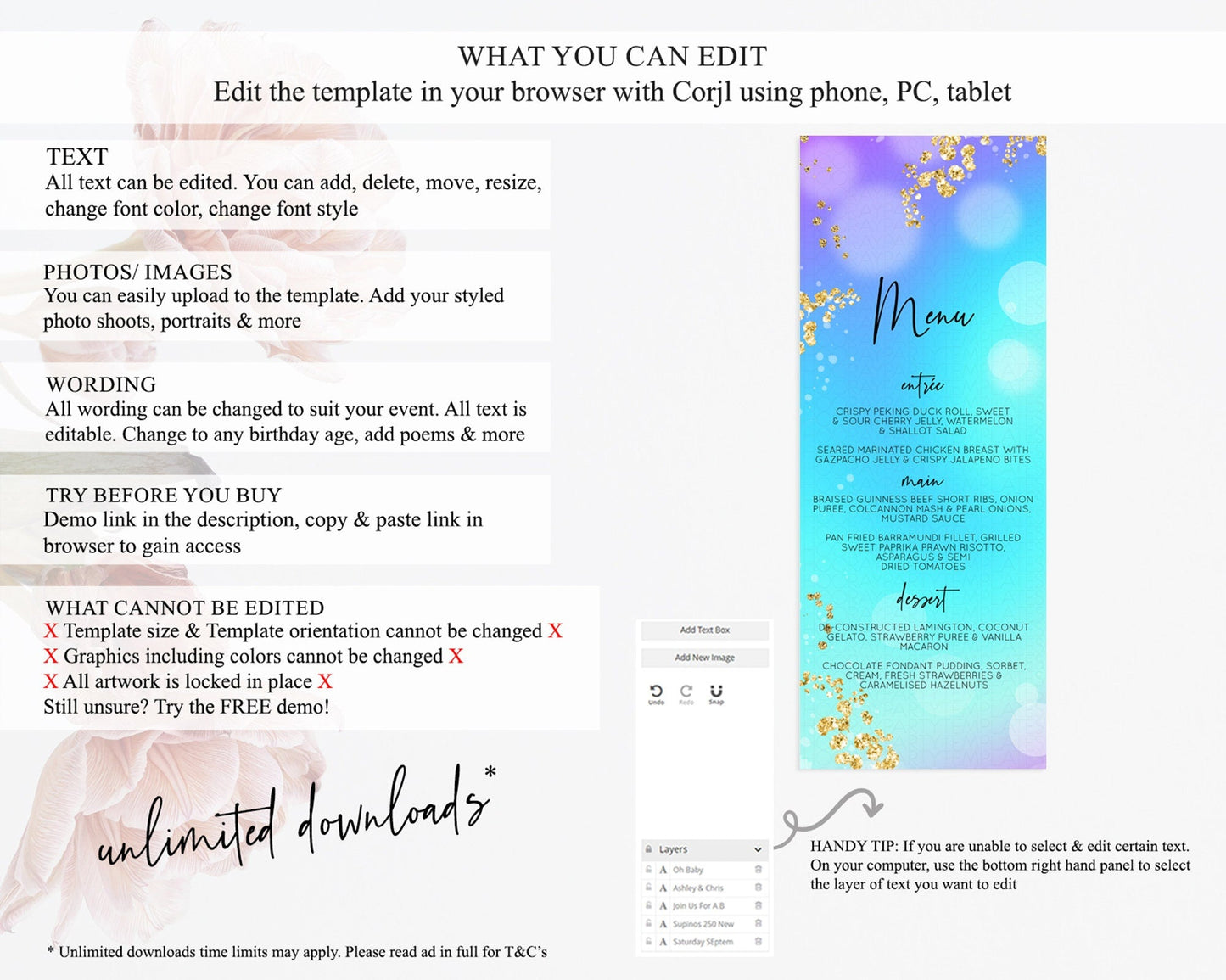 Mermaid Menu Mermaid Menu Template Rainbow Fish Under The Sea Colorful Pastel Table Decor Mermaid Dinner Dessert Party Food Menu D10573
