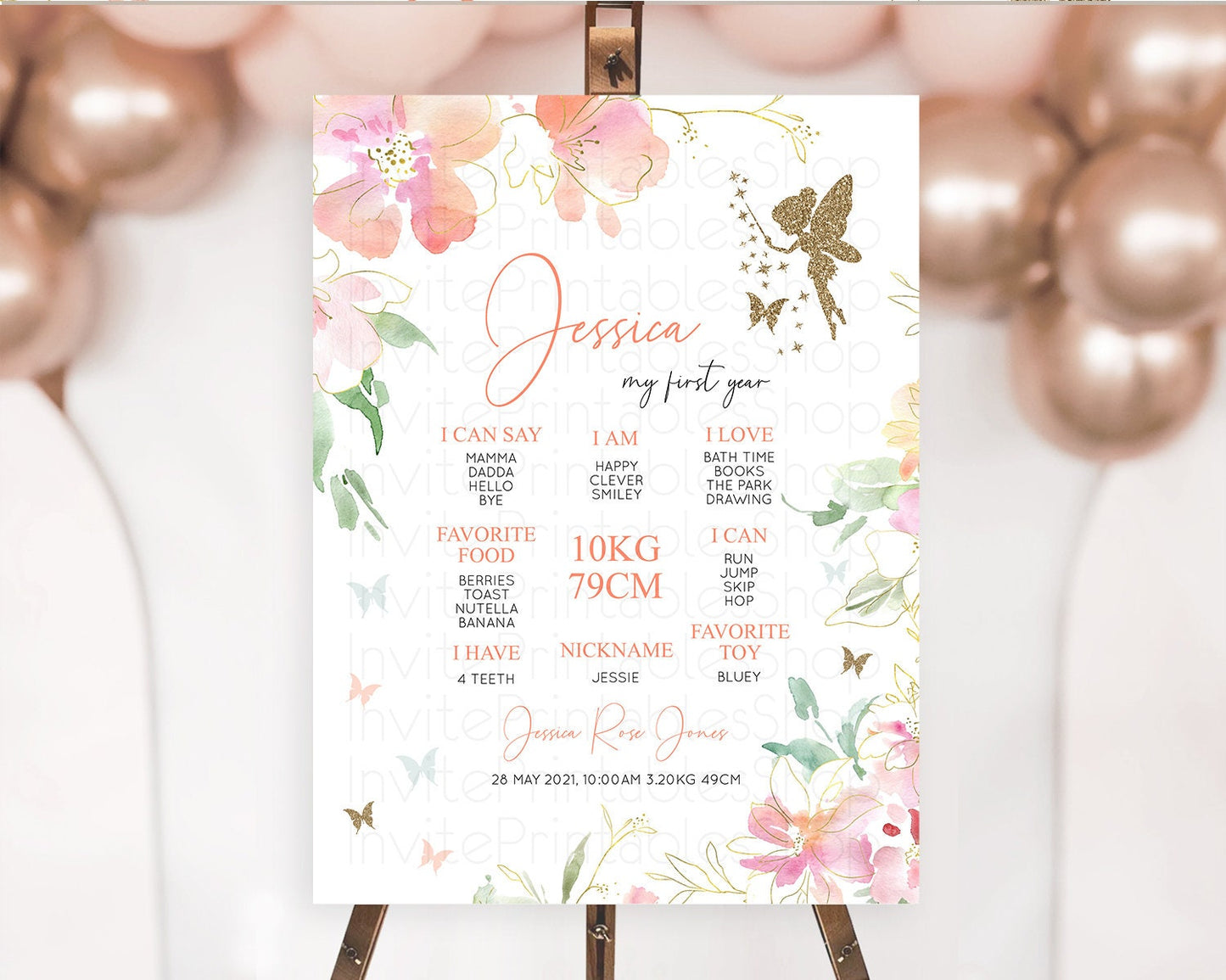 Fairy First Birthday Milestone Poster Fairy Secret Garden Milestone Board Enchanted Garden Pastel Floral Butterfly 1st Birthday Sign D10934