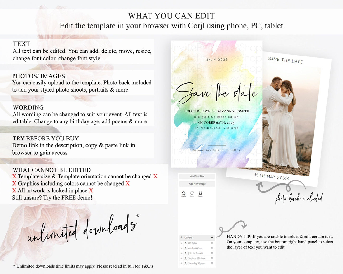 Pastel Save The Date Template Pastel Ombre Rainbow Watercolor Colorful Party For Birthday Baptism Baby Shower Wedding Bridal Shower D10279
