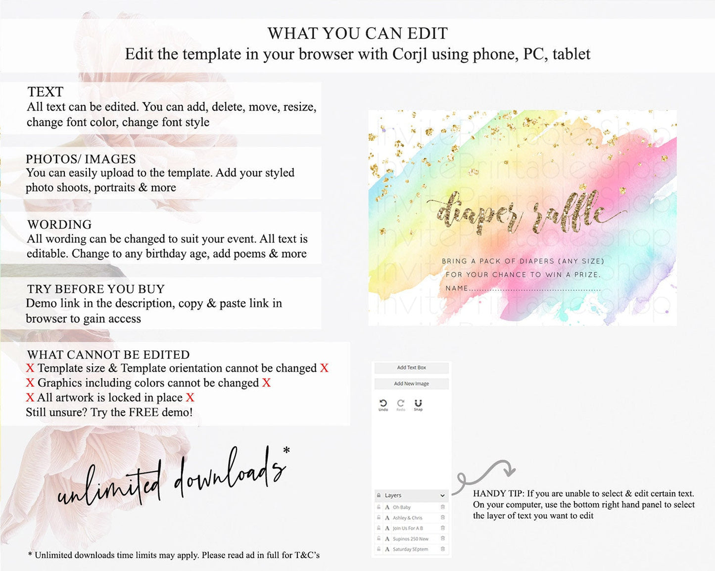 Pastel Diaper Raffle Card Pastel Rainbow Diaper Raffle Insert Colorful Ombre Watercolor Diaper Ticket Confetti Glitter Raffle Game D10495