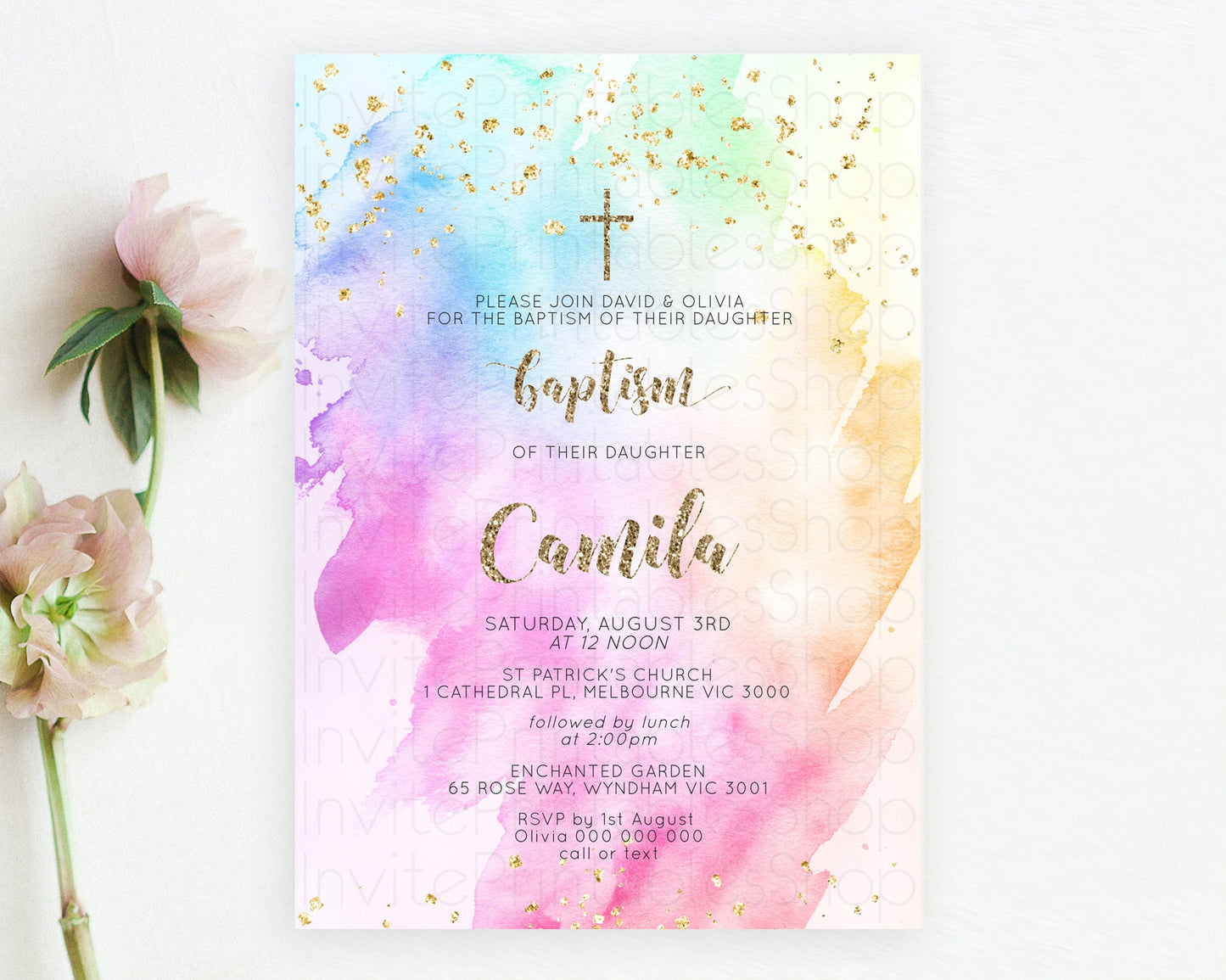 Pastel Baptism Invitation Pastel Colors Watercolor Baptism 1st Birthday Party Gold Ombre Pastel Rainbow Christening Holy Communion D10450