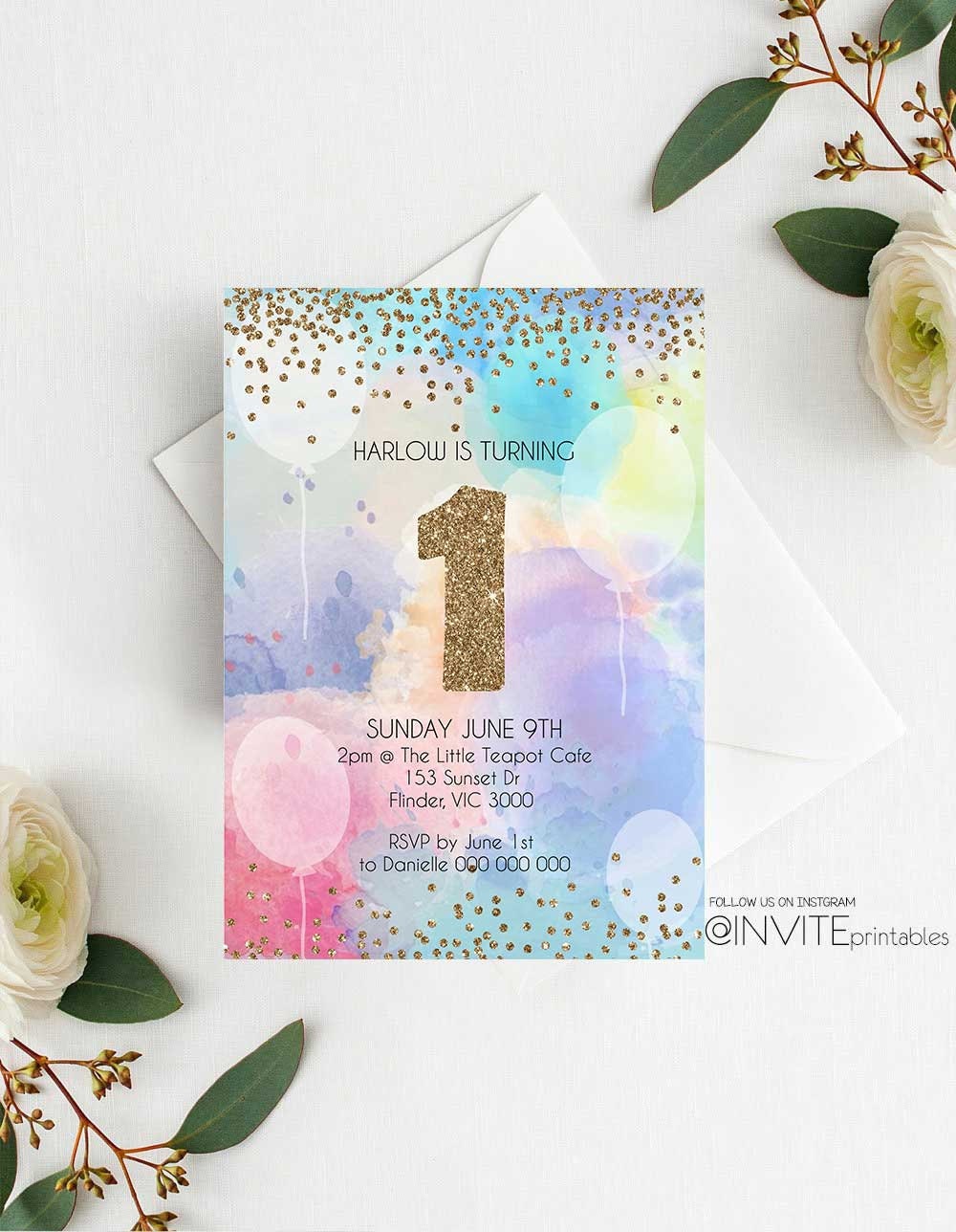 Rainbow Birthday Invitations,  watercolor invites, rainbow invitation, balloon invite, Glitter invitation custom printable, pastel invites