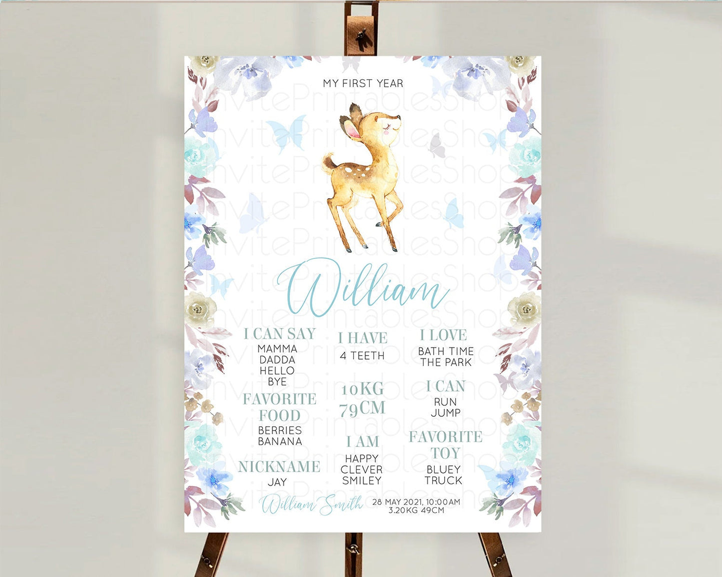 Fawn First Birthday Milestone Board Deer First Birthday Milestone Poster Enchanted Forest Butterfly Pastel Flowers 1st Birthday Sign D10960