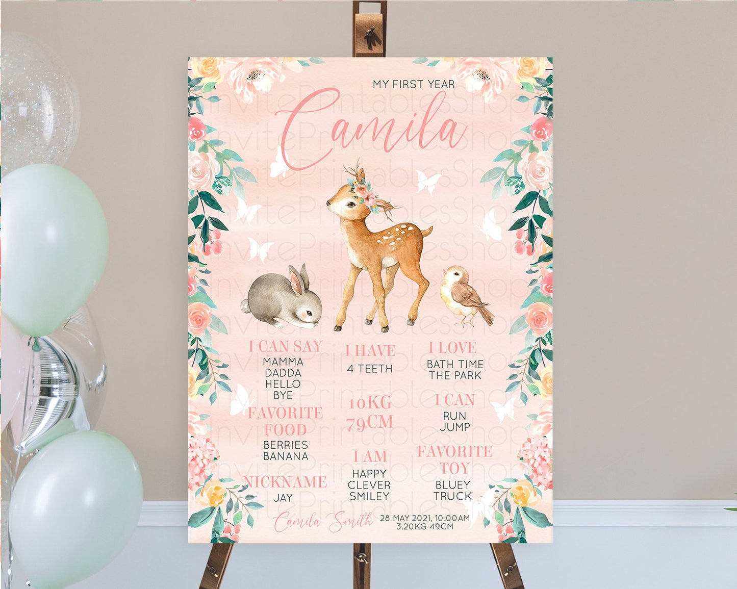 Fawn First Birthday Milestone Board Deer First Birthday Milestone Poster Enchanted Forest Butterfly Pastel Flowers 1st Birthday Sign D10921