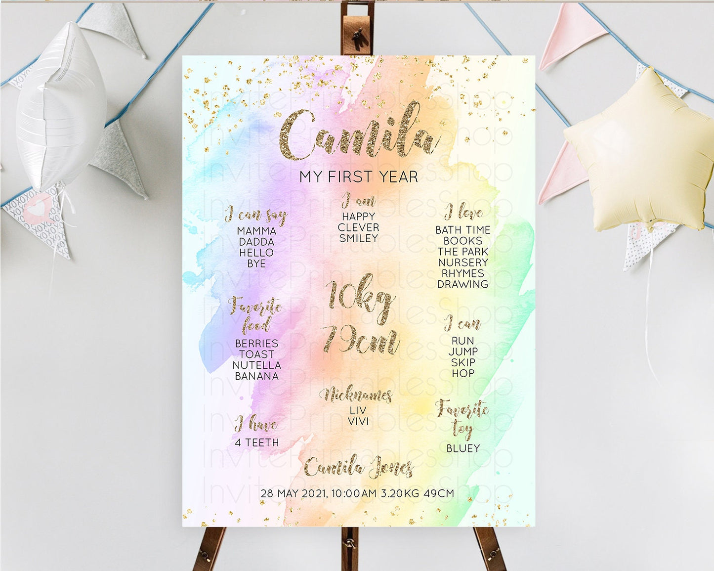 Pastel First Birthday Milestone Board Pastel Rainbow Milestone Poster Colorful Confetti Watercolor Glitter 1st Birthday Welcome Sign D10643