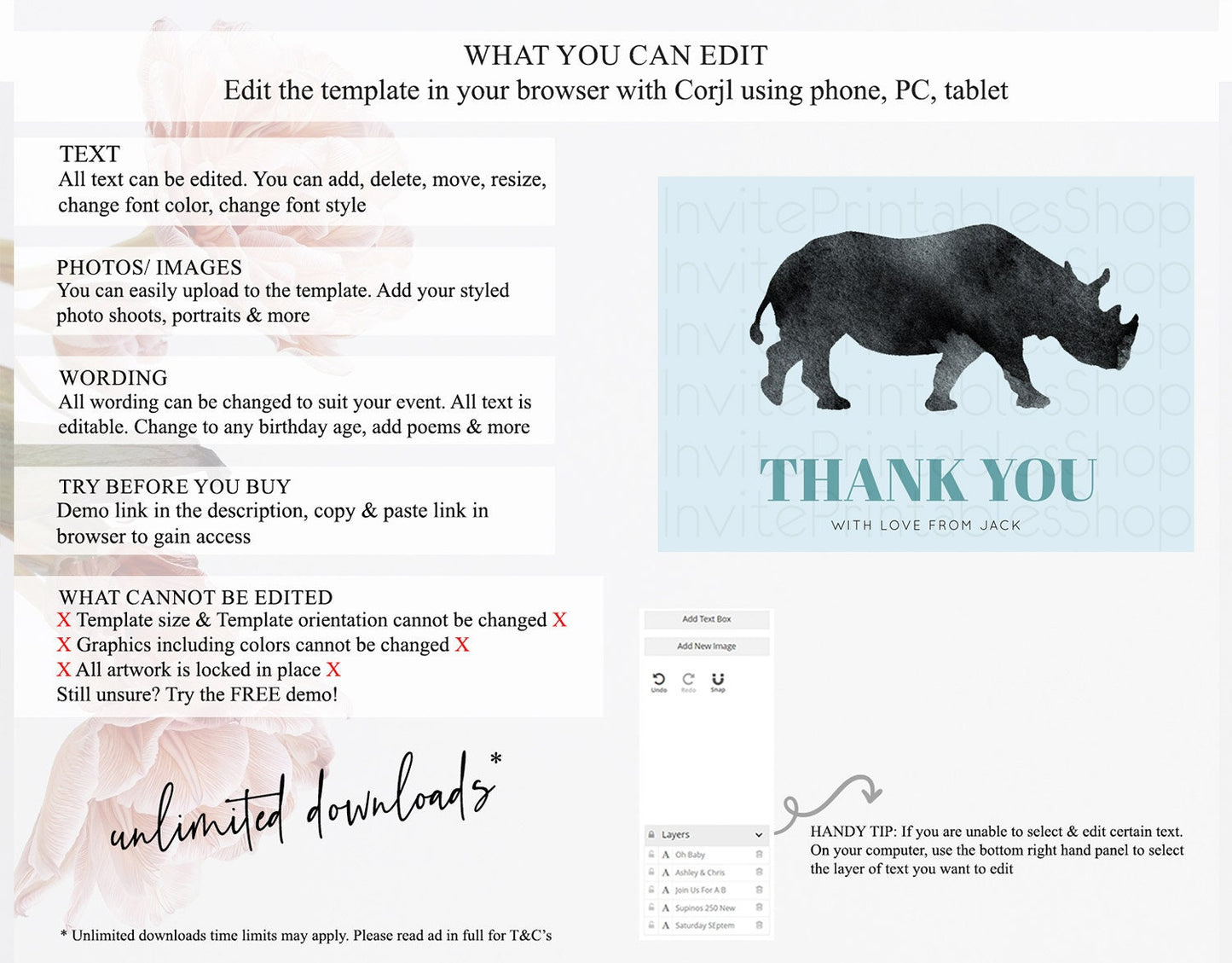 Rhino Thank You Rhino Thank You Card Rhino Birthday Thank You Card Rhino Card Template First Birthday Rhino Teacher Thank You Cards D10801