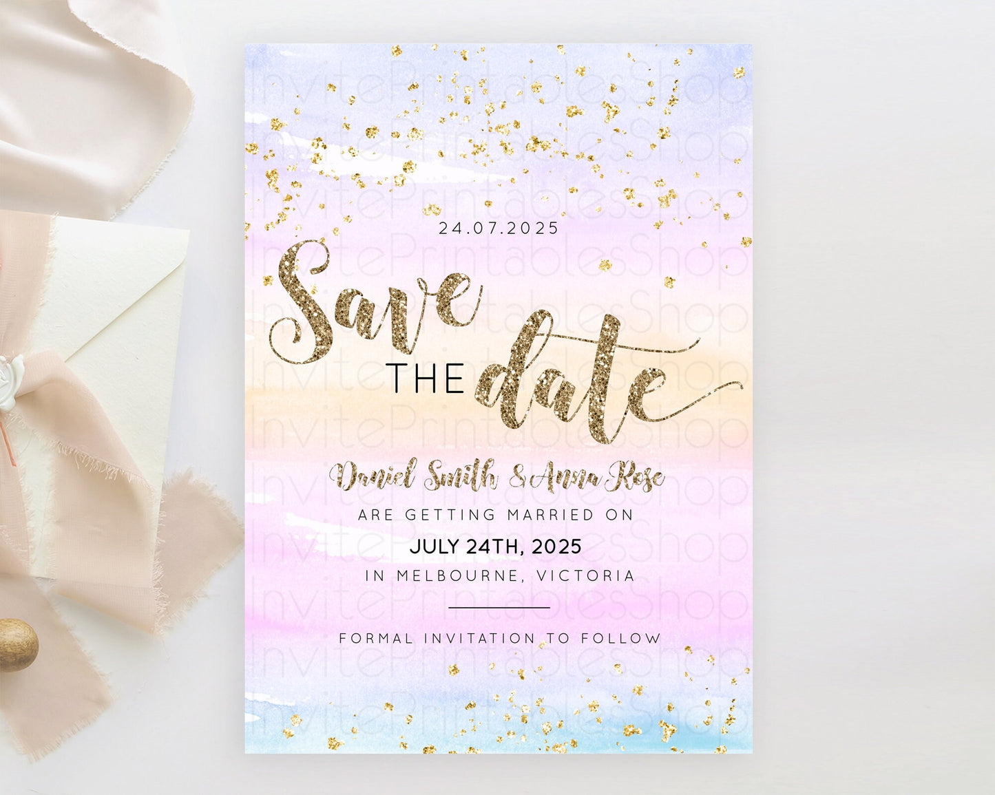 Pastel Save The Date Template Pastel Ombre Rainbow Watercolor Colorful Party For Birthday Baptism Baby Shower Wedding Bridal Shower D10595