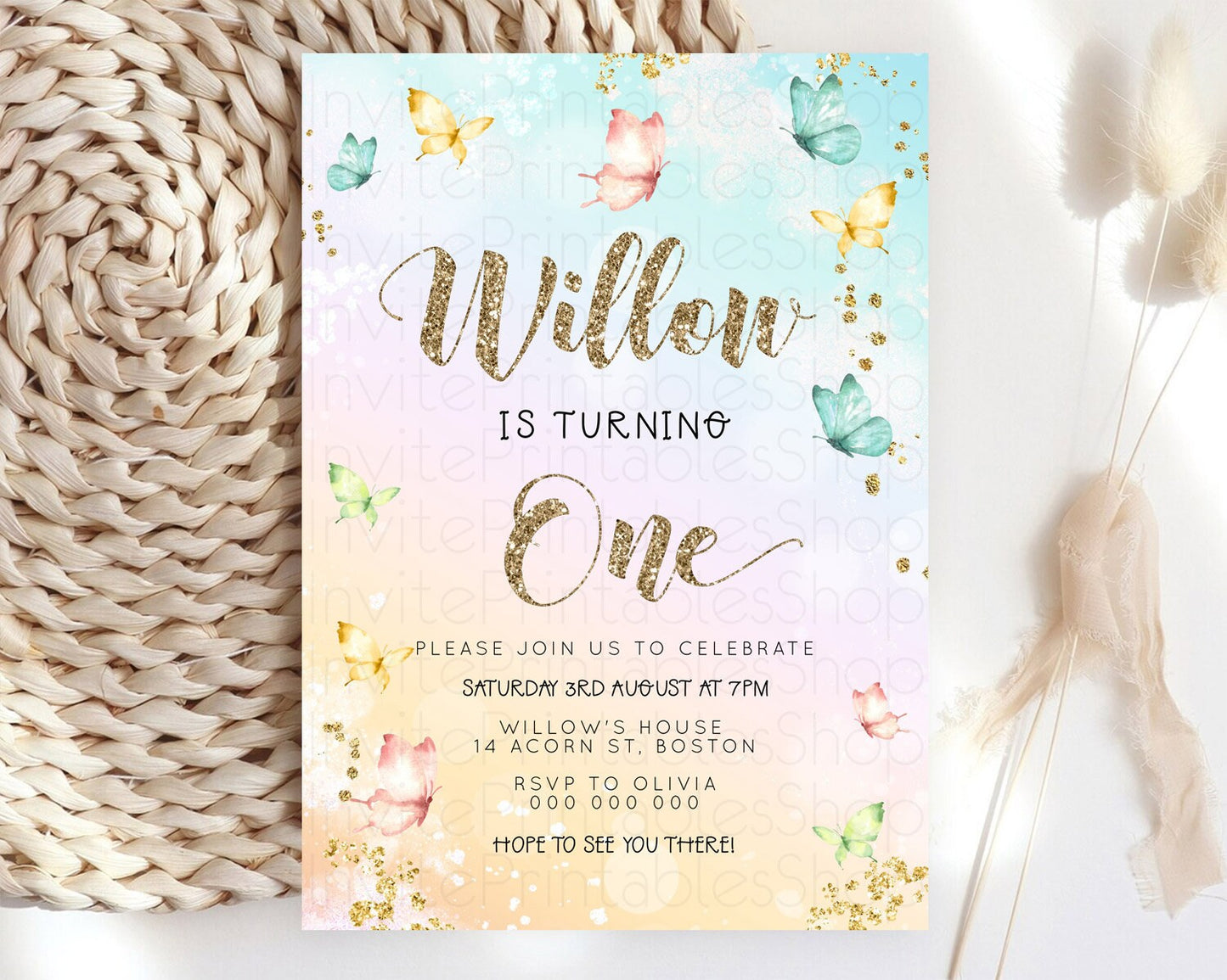 Pastel Butterfly Birthday Invitation Butterfly Birthday Invitation Colorful Splash Glitter Butterfly Garden 1st 2nd Birthday D23080