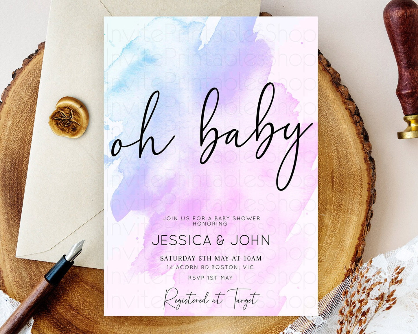 Purple Baby Shower Invitation Purple Watercolor Baby Shower Invitation Pastel Purple Watercolor Invitation Purple Splash Invitation D10169