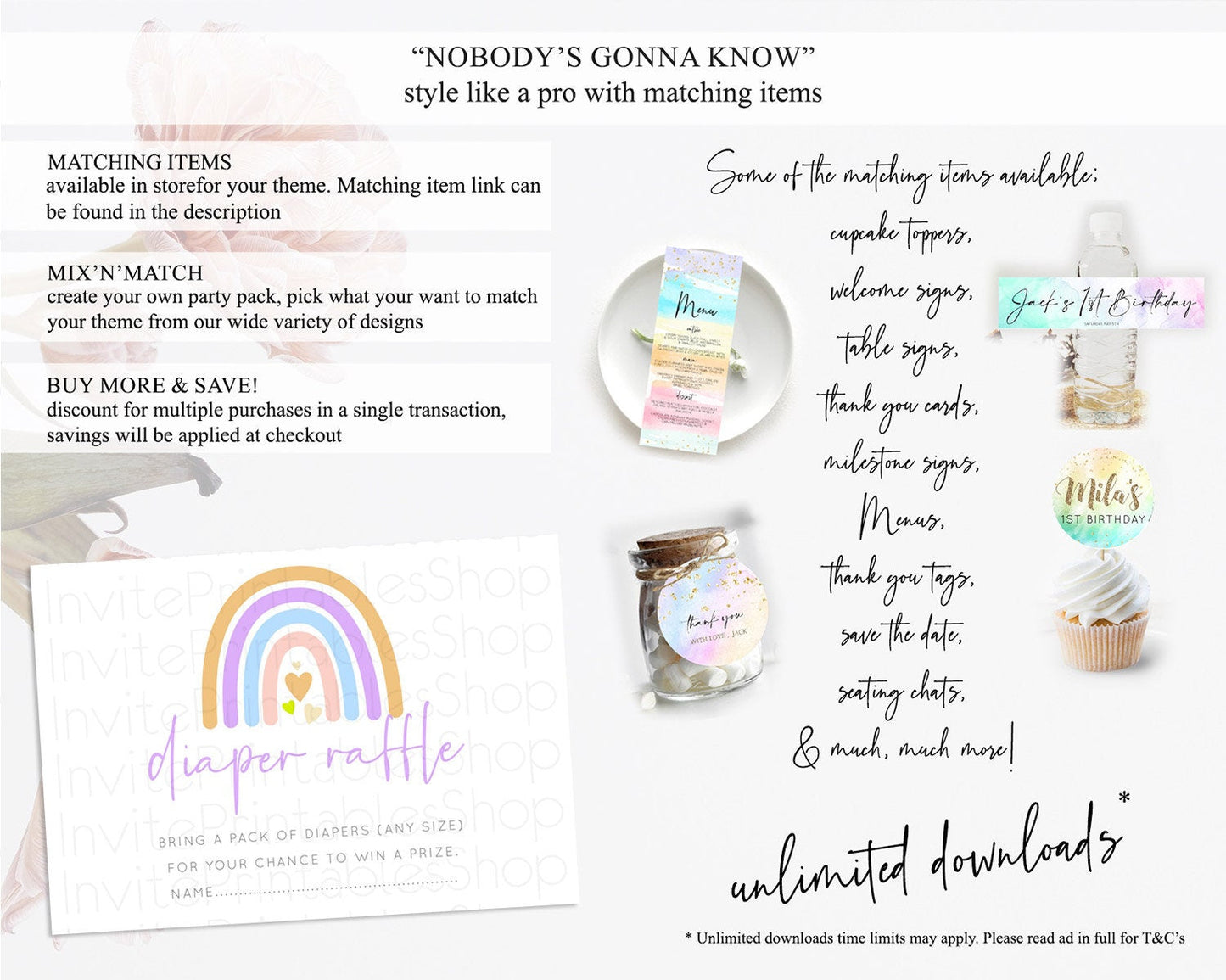 Pastel Rainbow Diaper Raffle Card Boho Rainbow Diaper Insert Boho Rainbow Diaper Ticket Pastel Watercolor Baby Shower Raffle Game D10238