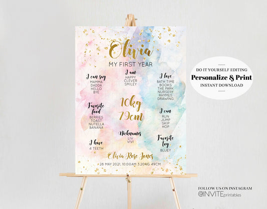 Watercolor Rainbow Baby Milestone Board First Birthday Poster Welcome Board 1st Birthday Keepsake Sign Colorful Splash Pastel Glitter 276