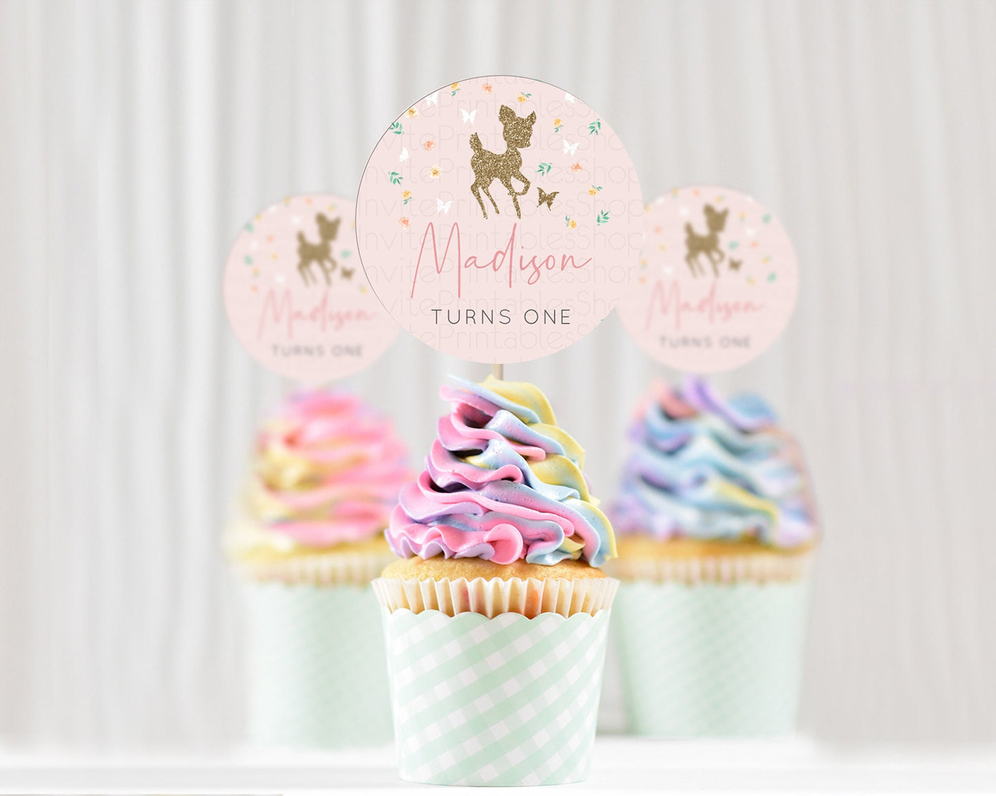 Fawn Cupcake Toppers Deer Cupcake Toppers Enchanted Forest Party Butterfly Pastel Flowers Woofland Cupcake Toppers First Birthday D10386