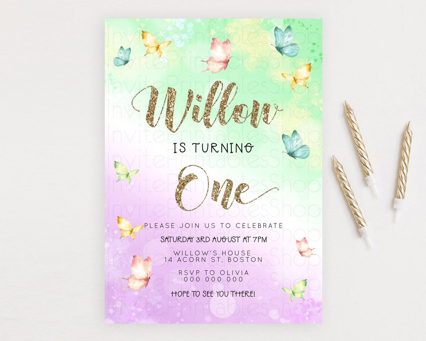 Pastel Butterfly Birthday Invitation Butterfly Birthday Invitation Colorful Splash Glitter Butterfly Garden 1st 2nd Birthday D23085