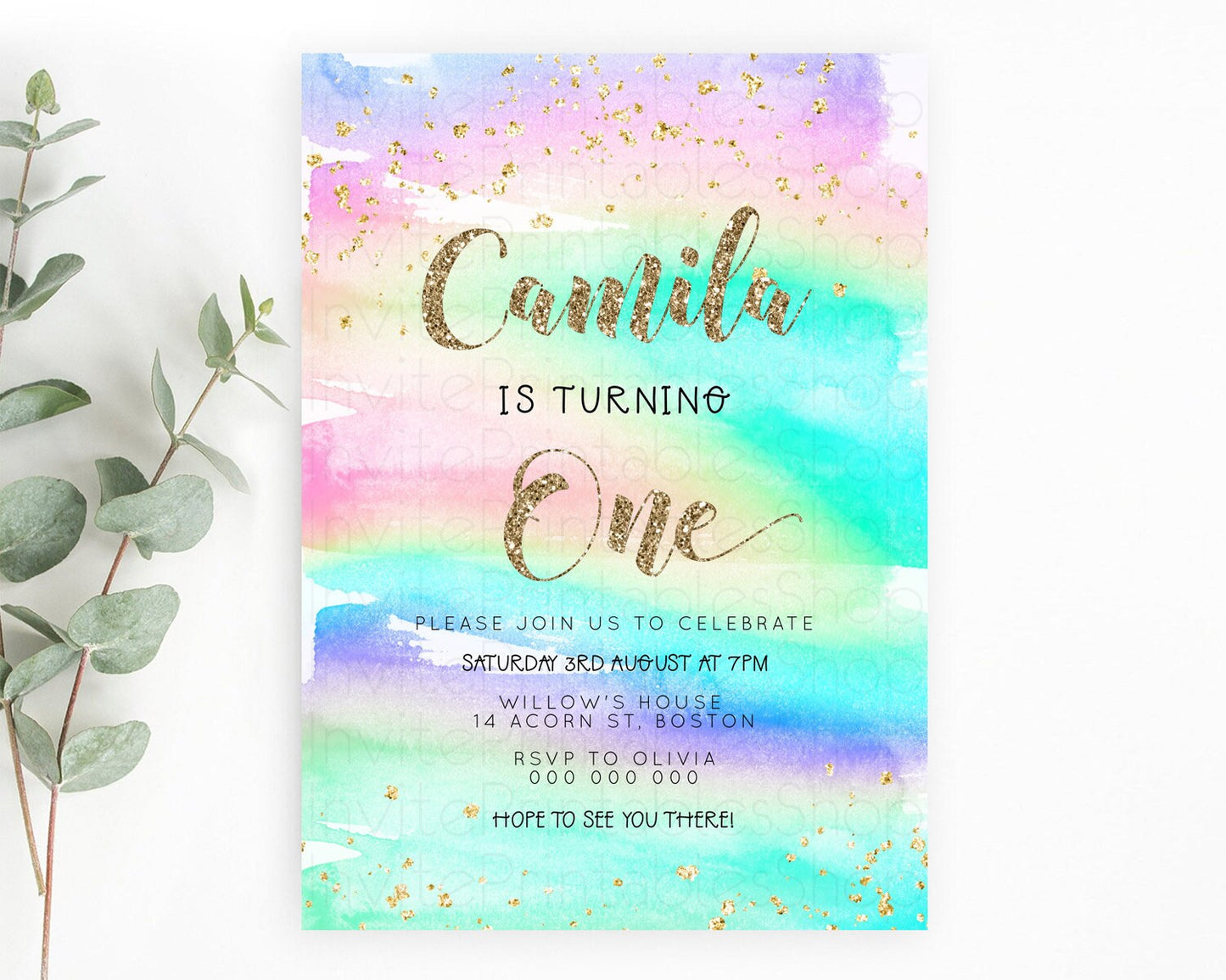 Rainbow Birthday Invitation Colorful Pastel Watercolor Invitation Gold Glitter Sprinkles Ombre Pastel 1st 2nd 3rd Birthday D23261