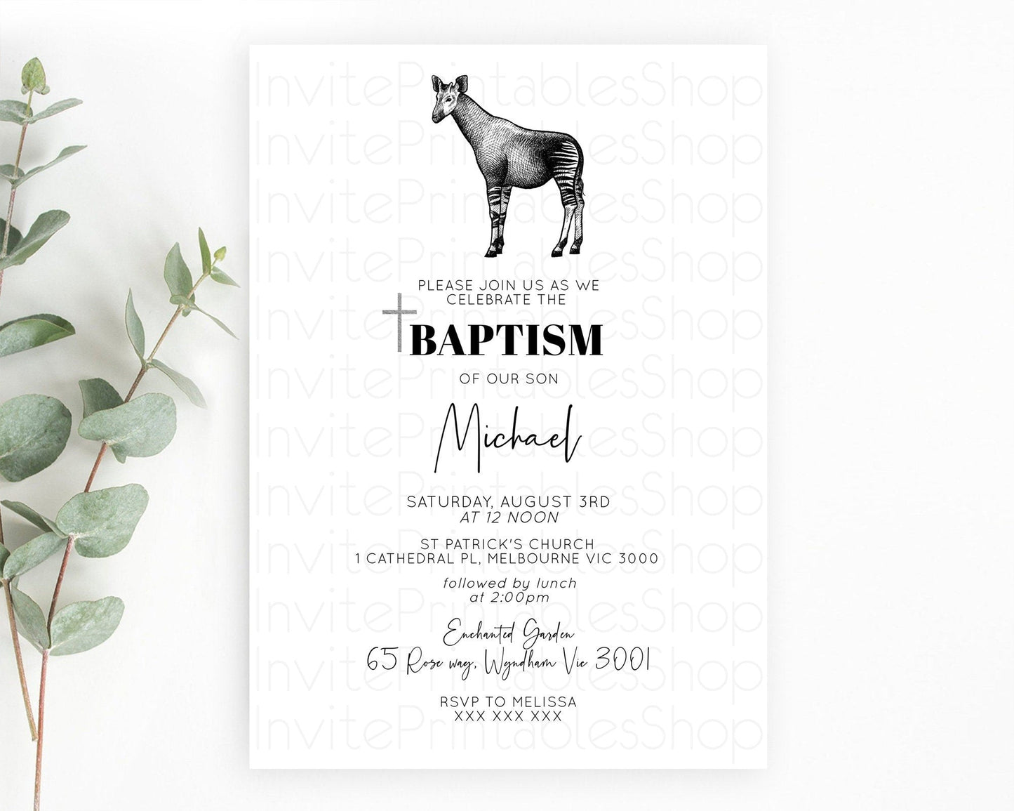 Okapi Baptism Invitation Okapi Baptism 1st Birthday Invitation Okapi Safari Adventure Christening Palm Leaf Zoo Holy Communion D10283