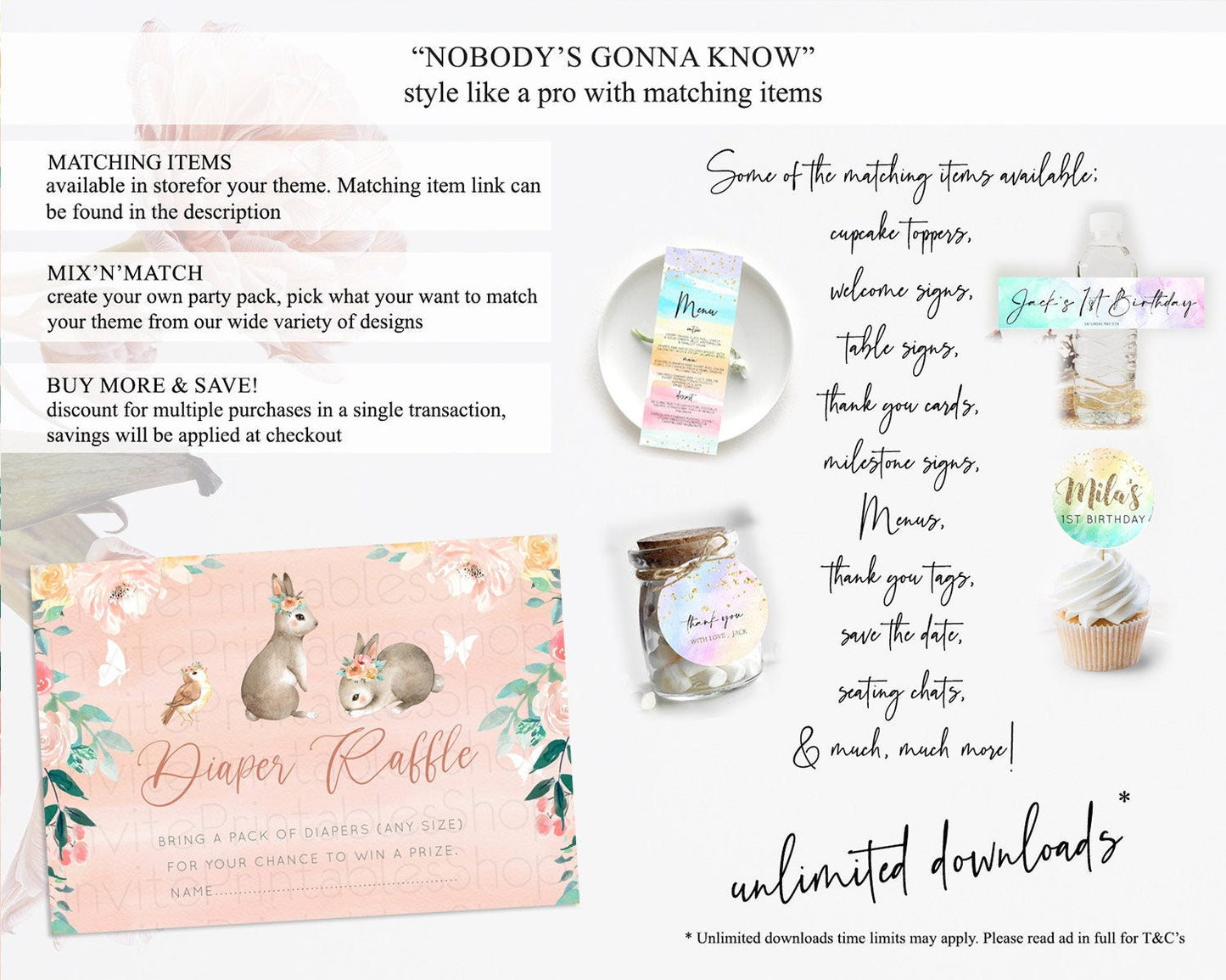 Bunny Diaper Raffle Card Floral Bunny Diaper Raffle Insert Pastel Flowers Woodland Bunny Diaper Ticket Forest Bunny Raffle Game D10922