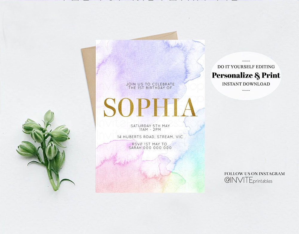 Pastel Rainbow Birthday Invitation Colorful Watercolor Splash Ombre Ink Paint Gold Foil Purple Pink Blue Modern Custom Printable 193