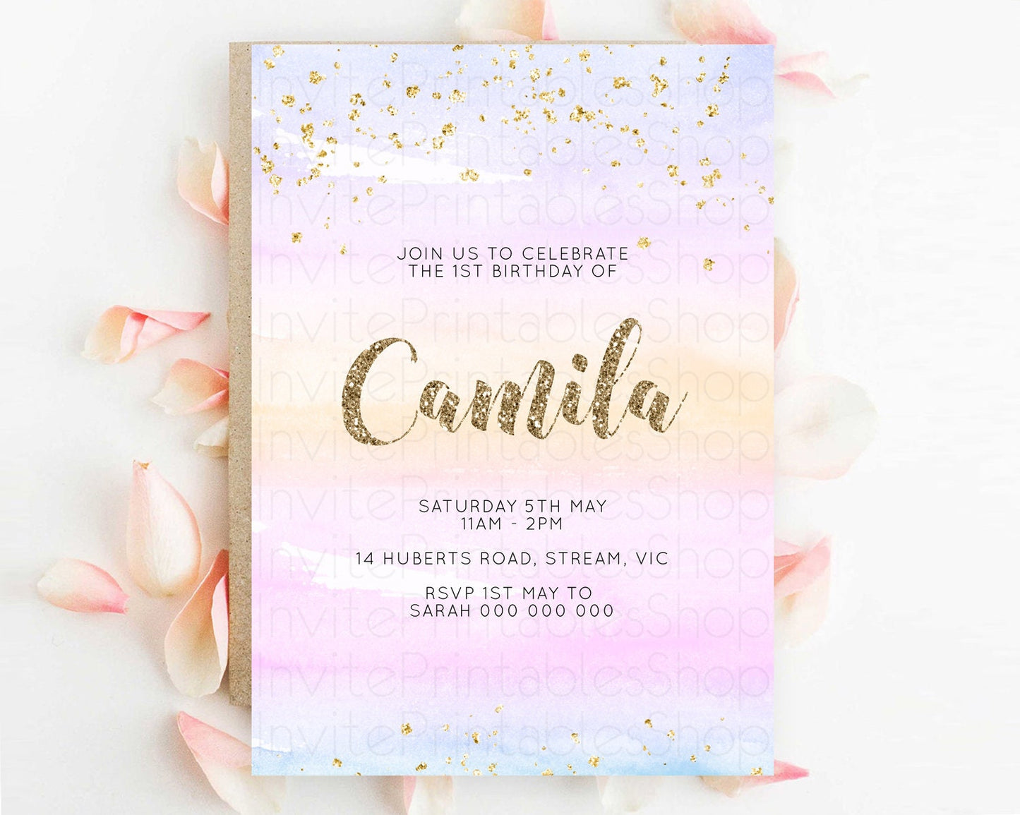 Rainbow Birthday Invitation Colorful Pastel Watercolor Invitation Gold Glitter Sprinkles Ombre Pastel 1st 2nd 3rd Birthday D10595
