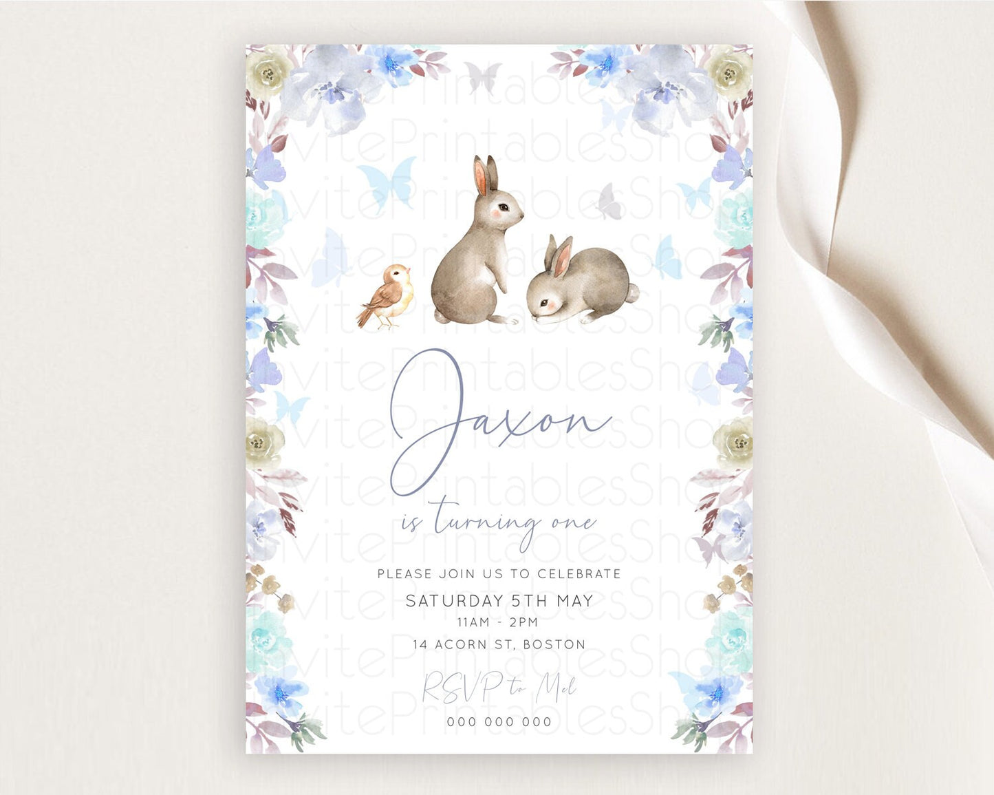 Bunny Birthday Invitation Floral Bunny Invitation Pastel Bunny Invites Pastel Watercolor Woodland Bunny Party 2nd 1st First Birthday D10927