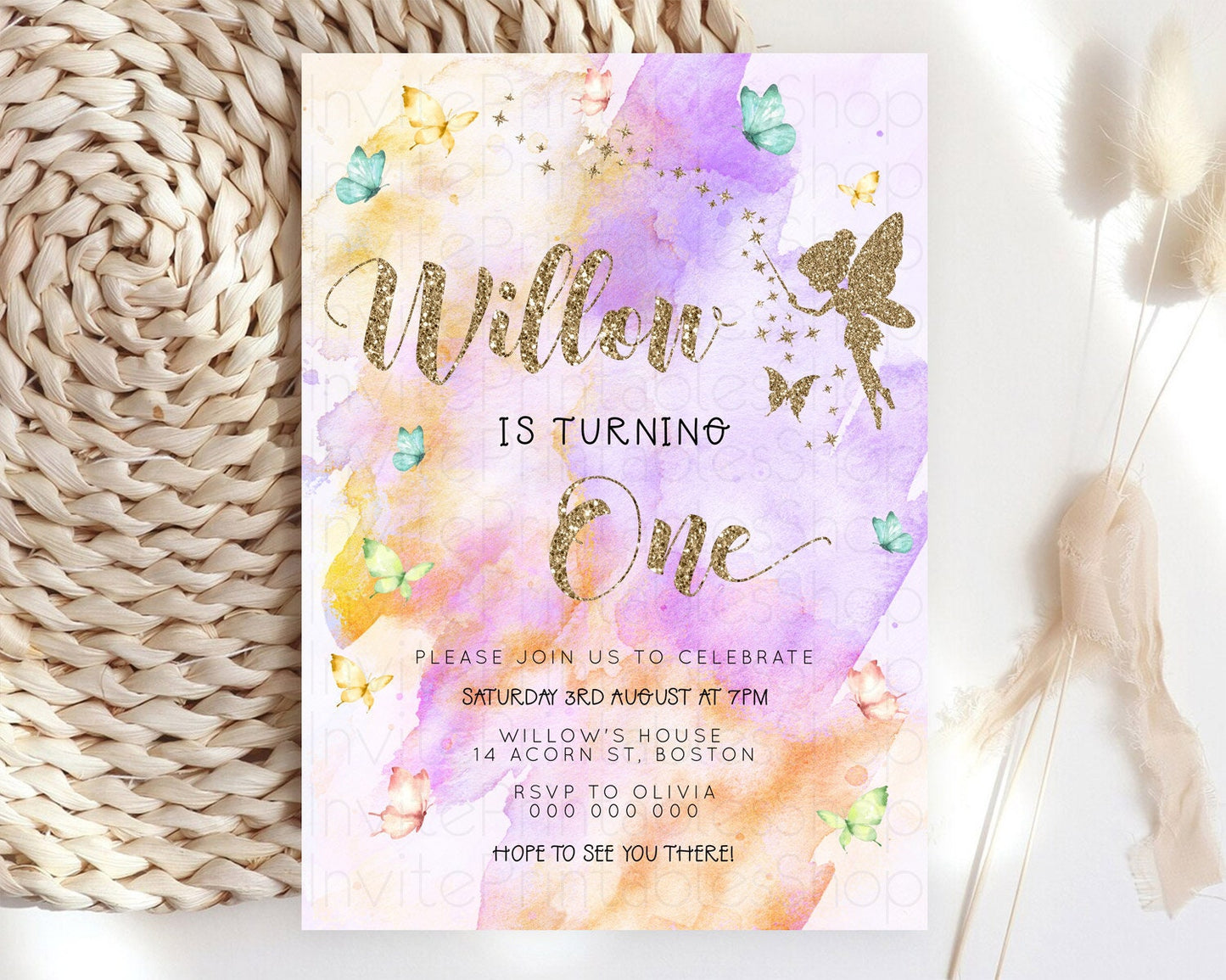 Pastel Fairy Birthday Invitation Pastel Butterflies Fairy Birthday Invitation Rainbow Ombre Watercolor 1st 2nd Birthday Invitation D23347