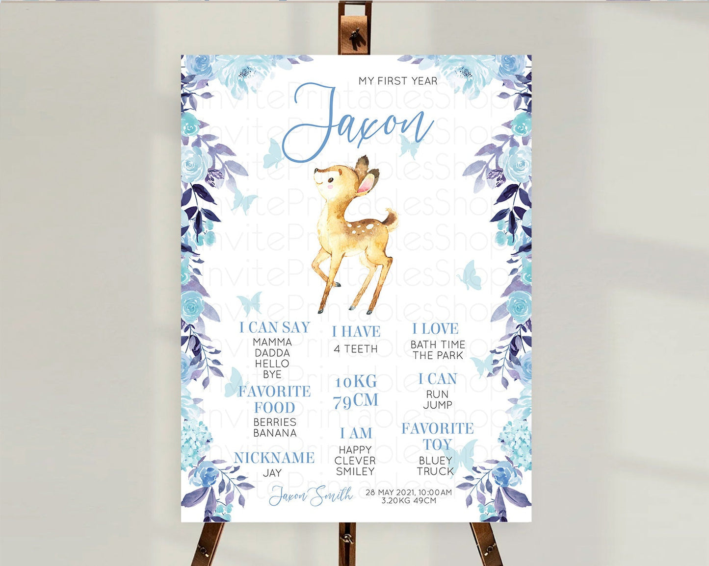 Fawn First Birthday Milestone Board Deer First Birthday Milestone Poster Enchanted Forest Butterfly Pastel Flowers 1st Birthday Sign D10917