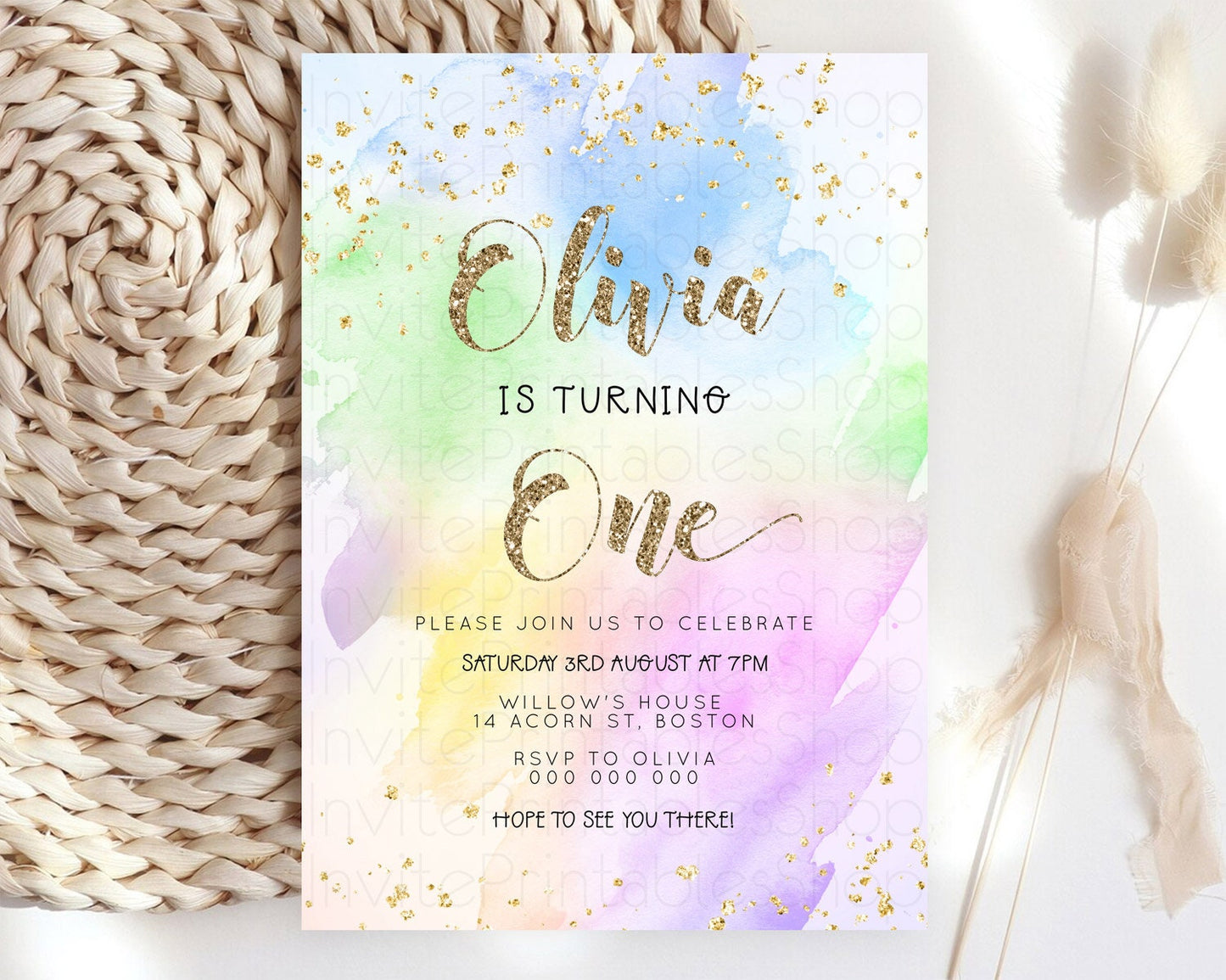 Rainbow Birthday Invitation Colorful Pastel Watercolor Invitation Gold Glitter Sprinkles Ombre Pastel 1st 2nd 3rd Birthday D23304