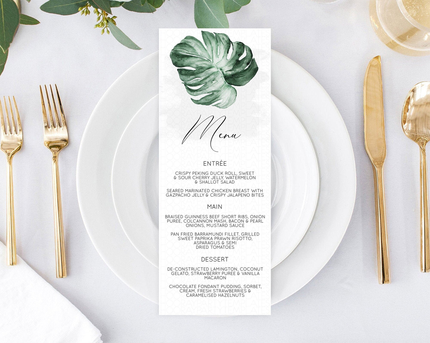 Tropical Menu Template Tropical Menu Palm Leaf Fern Table Decor Frangipani Floral White Orchid Dinner Dessert Menu Party Food Menu D11041